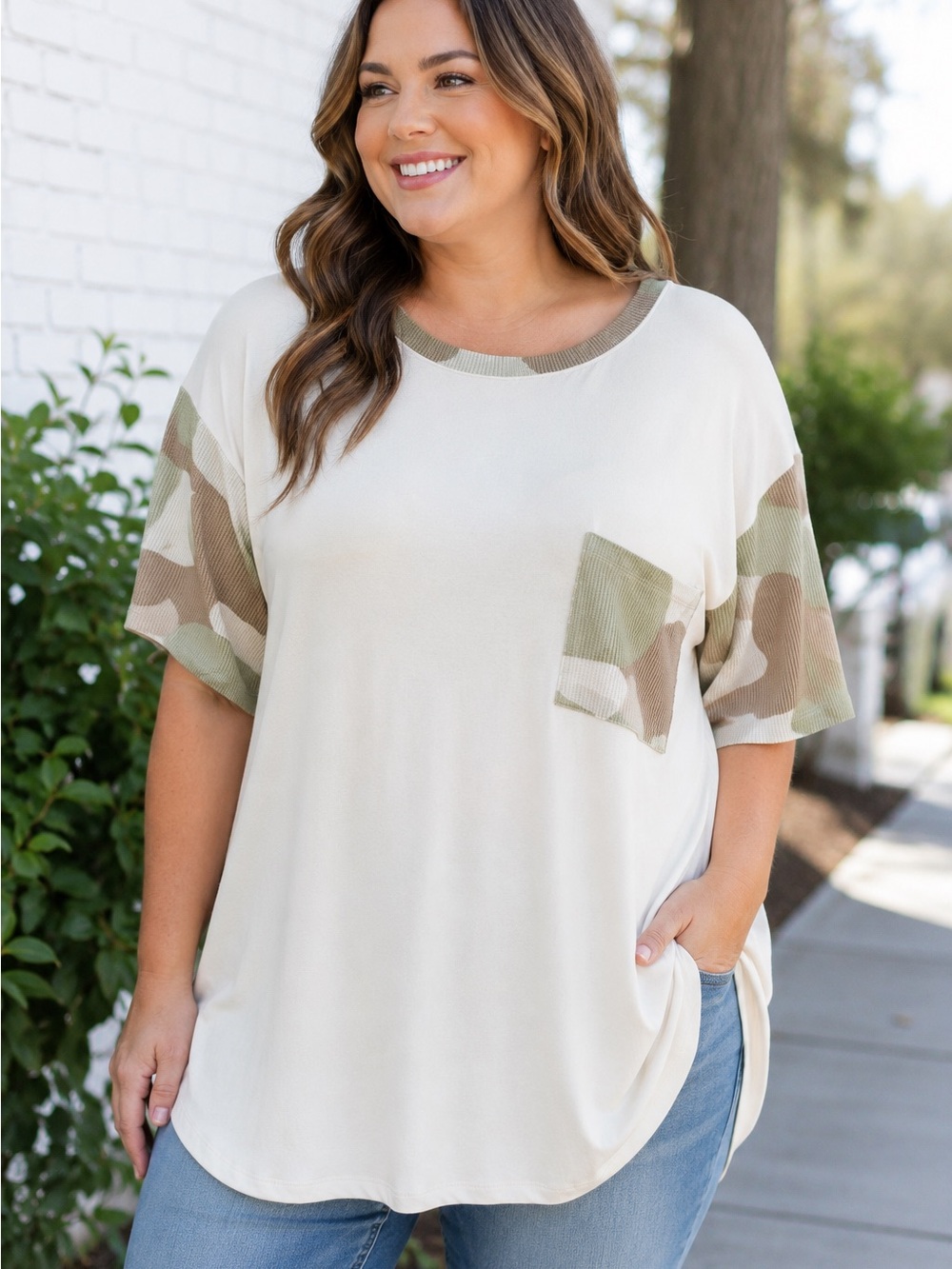 Celeste Camo Contrast Pocket Tunic Top | 1X | Made in USA | NWOT